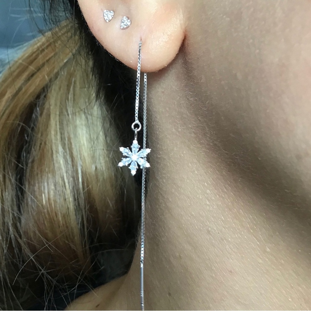 Sterling Silver Tiny Crystal Snowflake Ear Threader Earrings